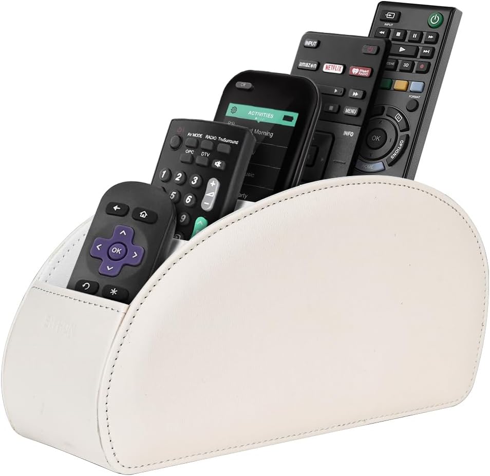 SITHON Remote Control Holder with 5 Compartments | PU Leather Remote Caddy Desktop Organizer Store TV, DVD, Blu-Ray, Media Player, Heater Controllers, Stripe Black