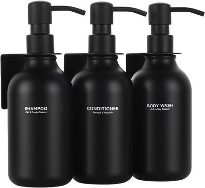 Shampoo and Conditioner Dispenser - Shower Soap Dispenser 3 Chamber No Drill - Bathroom Soap Dispenser Wall Mount Adhesive - Clear PET Bottles with Nature Bamboo Pumps Set Refillable 1500ml