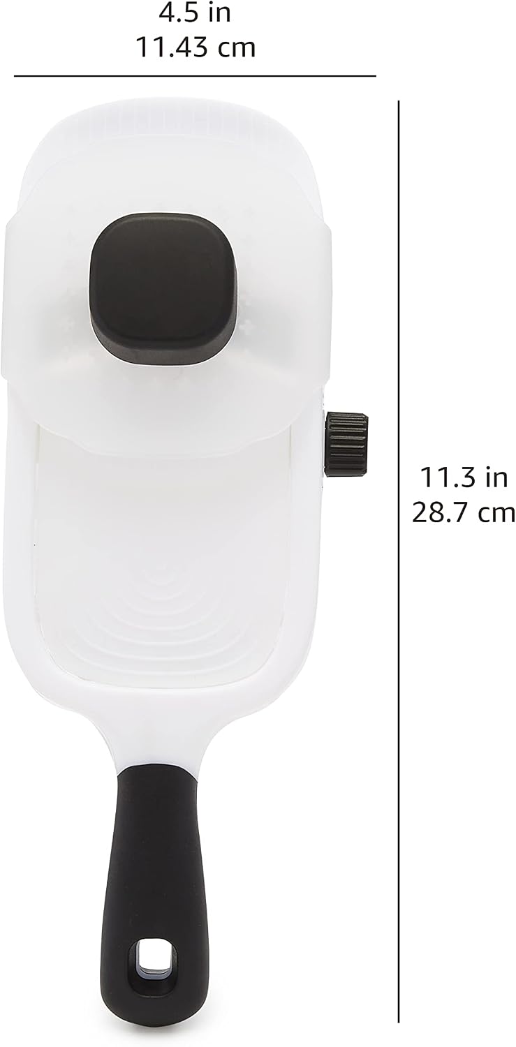 Amazon Basics Hand-held Safe Mandoline Slicer for Vegetables and Fruits, Adjustable Thickness, Stainless Steel Blade, White, 11.3" x 4.5" x 2.5"