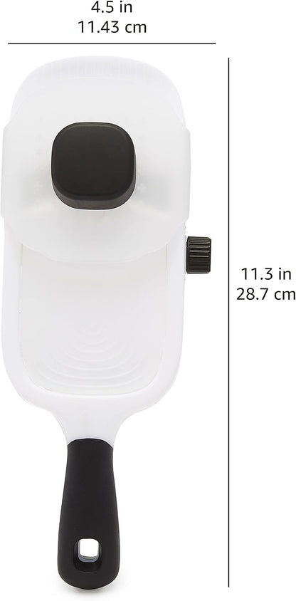 Amazon Basics Hand-held Safe Mandoline Slicer for Vegetables and Fruits, Adjustable Thickness, Stainless Steel Blade, White, 11.3" x 4.5" x 2.5"