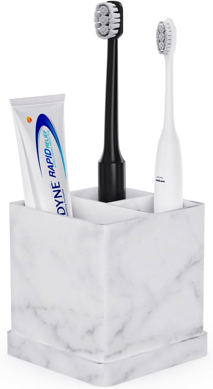 Silicone Toothbrush Holders for Bathrooms with Drainage Tray, White Marble | 3 Slots Unbreakable Countertop Electric Tooth Brush and Toothpaste Holder Organizer Stand, Marble Bathroom Accessories Decor