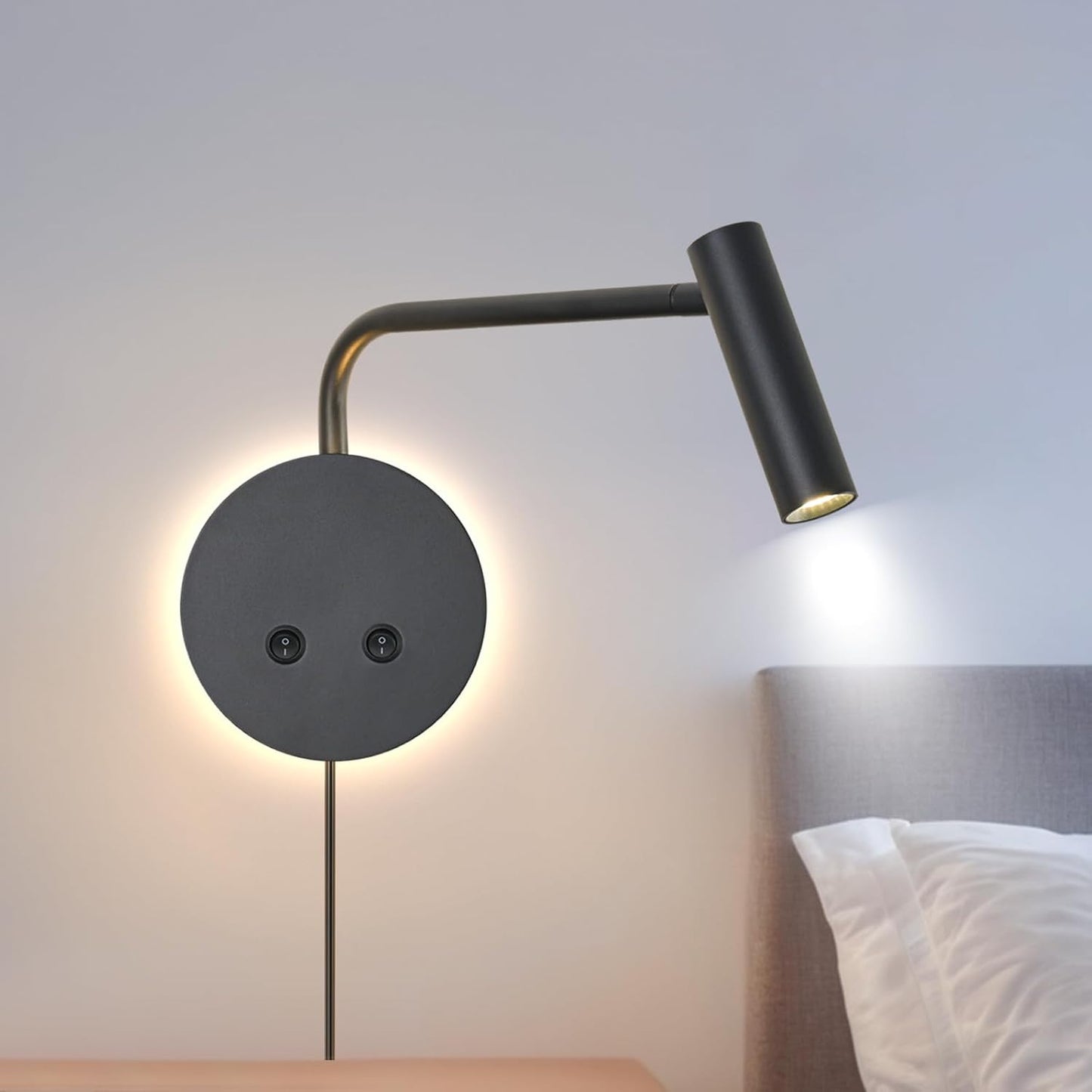 Matte Black Wall Mounted Reading Light, 3000K Flexible Headboard Reading Sconces with On Off Switch Control, Plug in/Hardwired Wall Light Fixtures with Night Light for Bedside Bedroom Bunk
