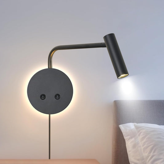 Matte Black Wall Mounted Reading Light, 3000K Flexible Headboard Reading Sconces with On Off Switch Control, Plug in/Hardwired Wall Light Fixtures with Night Light for Bedside Bedroom Bunk