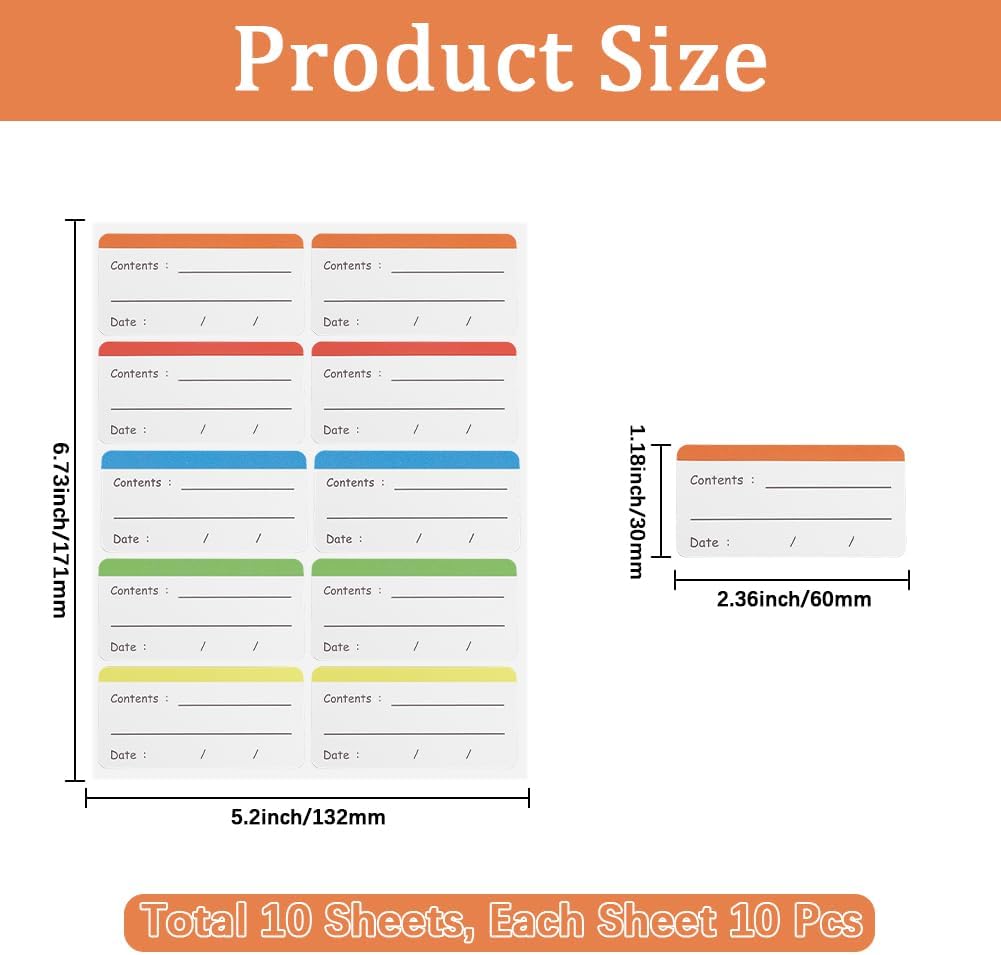 100Pcs Removable Food Storage Labels Paper Self Adhesive Stickers Colorful Refrigerator Freezer Labels 2.36x1.18 Inch Waterproof Rectangle Decals with Contents Date Easy Clean