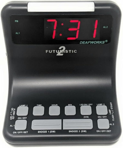 Futuristic 2 Silent Alarm Clock with Bright Flashing LED Lights for Deaf, Hard of Hearing, Heavy Sleepers | Dual Alarms, Built-in USB Chargers | Wake Up Gently