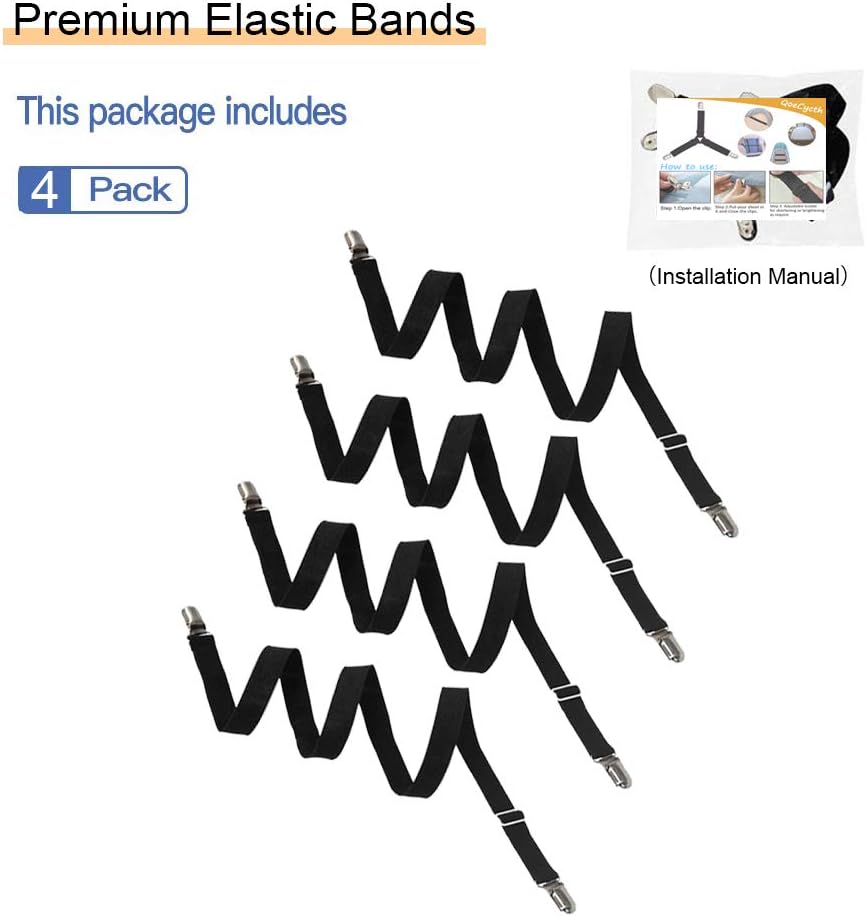 Adjustable Bed Sheet Straps Clips, Elastic Mattress Sheet Fasteners Holder and Suspenders, Grippers to Hold Sheet, Mattress, Sofa, Couch, Table Cloth, Ironing Board Cover, Black