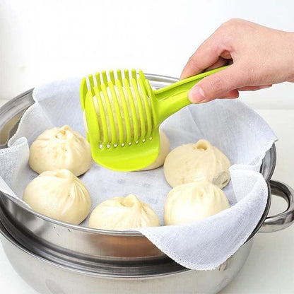Tomato Slicer Holder, Fruit Cutting Guide Tool, Onion Lemon Potato Slicer, Safe Hand Guard Kitchen Tool with Handle, Even Slice Cutter (Green)