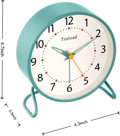 Tinload 4.5" Battery Operated Analog Alarm Clock, Small Silent Bedside Desk Clock with Night Light, Blue