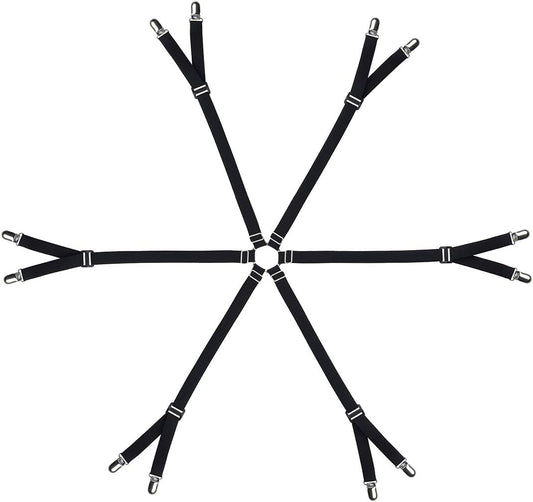 Bed Sheet Straps Adjustable,Metal Fasteners,6 Sides for Full,Queen,King Twin,Any Size Bed (Black)