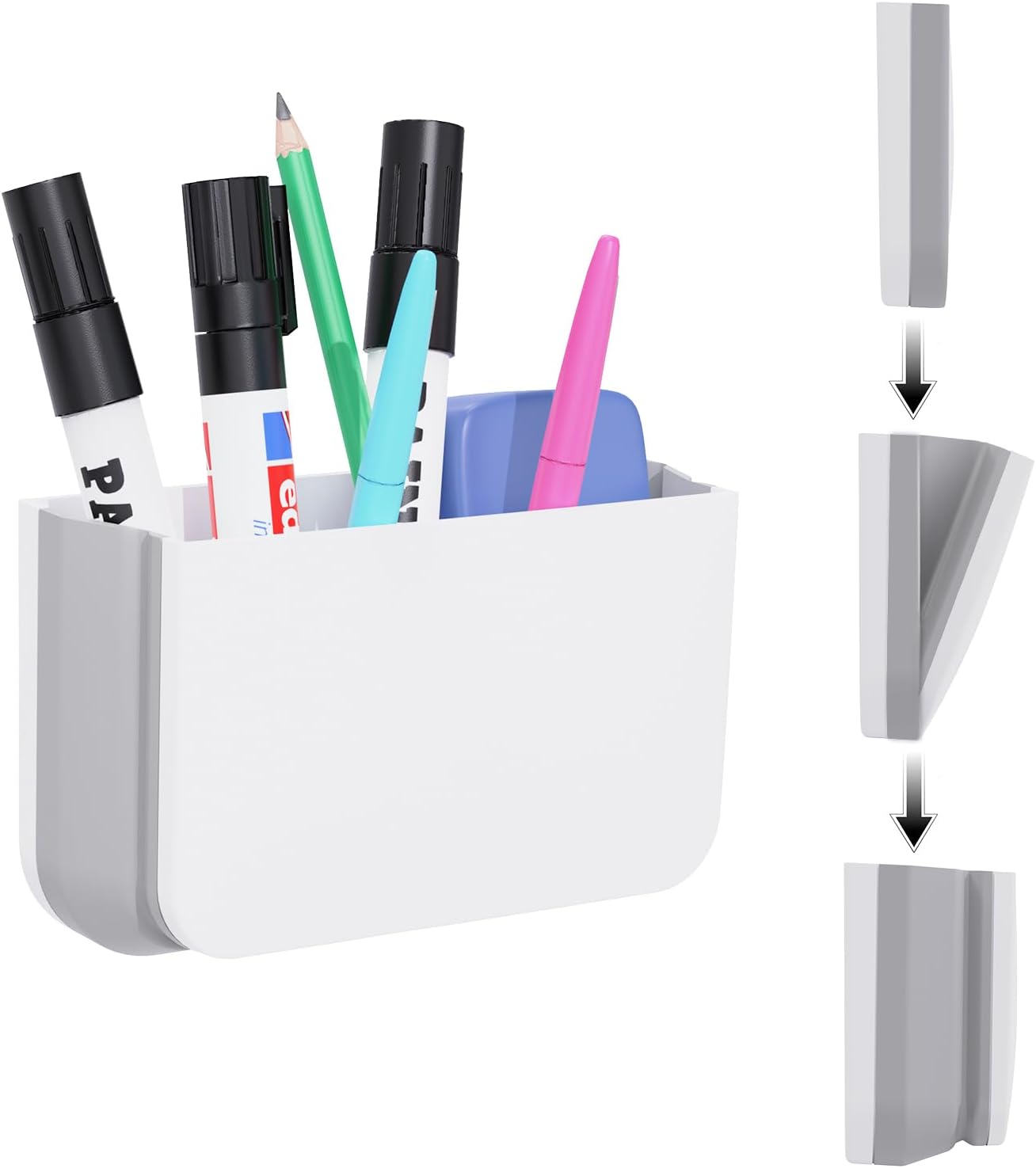 Magnetic Foldable Pen Holder Desk Accessories for Home Office 1 Pack White | Strong Magnet, Space Saving, Dry Erase Marker Pencil Holder for Whiteboard, Locker,Refrigerator, Remote Holder