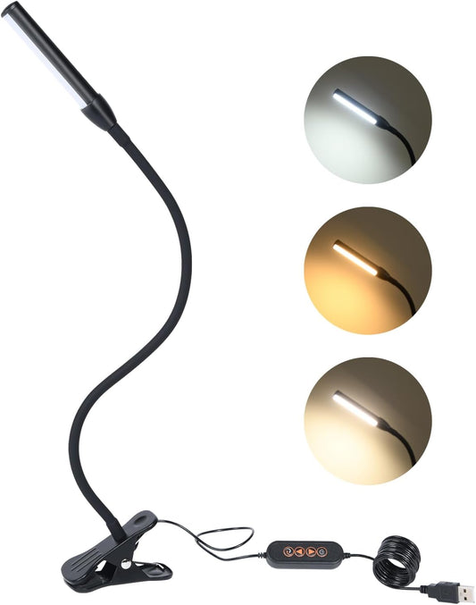 Clip on Reading Lamp, Clip Light, Warm & Daylight & White Light 3 Colors, Eye-Care Clamp Lamp with 10 Dimmable Illumination Modes