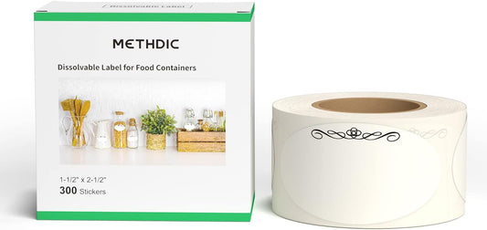 Methidc Dissolvable Food Storage Labels ，Dissolves in Water in 30 Seconds - No Adhesive Residue - Perfect for Glass, Metal, Plastic Containers ，Blank White 1 X 2 Inch 500 Stickers(1 Roll)