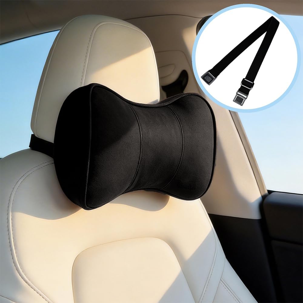 Memory Foam Neck Support Pillow for Recliner Car Headrest Pillow Tan | Couch Office Chair Head Cushion with Extension Adjustable Strap, Lower Back Lumbar Pain Relief, Ergonomic Design