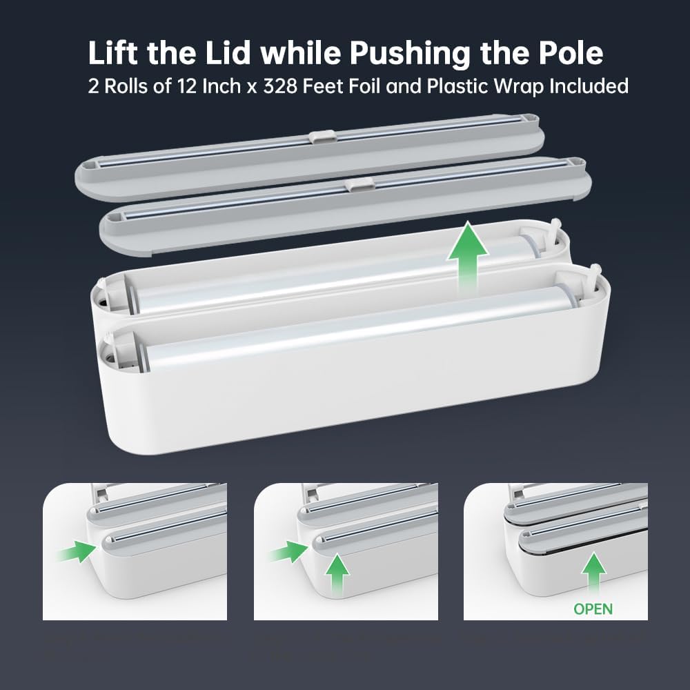 Magnetic Wrap Dispenser with Cutter - 3-in-1 Kitchen Organization and Storage for Plastic Wrap, Aluminum Foil & Paper Towel Holder | Strong Magnet Fridge & Wall Mount (Includes Wrap & Foil)