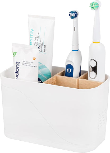 Electric Toothbrush Holder Tooth Brush and Toothpaste Organizer, Black | 3 Slots, Drainage Holes, Removable Bamboo Divider, Ventilation Design, Space-Saving, for Bathroom Countertop, Shower, Vanity