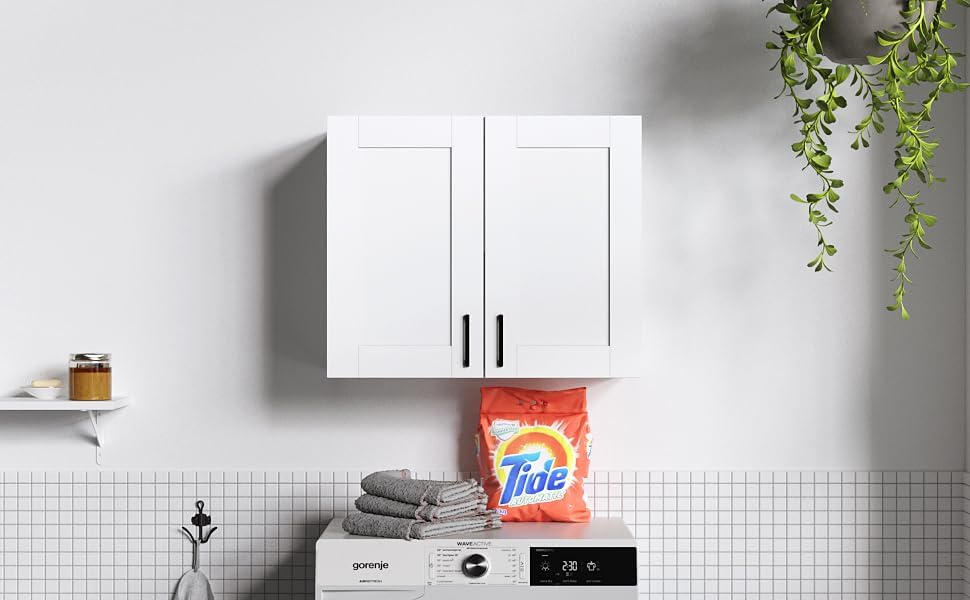White Laundry Room Cabinets and Storage with 4 Doors and Utility Adjustable Shelf，Gabinetes Para Cocina Cupboard Kitchen Organizers and Storage Pantry Wall Mounted 12.4"D x 47.2"W x 19.7"H
