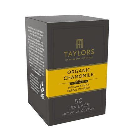 Taylors of Harrogate Organic Chamomile, Herbal Tea, Pillow Bags, 50 Count (Pack of 1), Mellow, Silky & Soft, Caffeine-Free, Enjoy Hot or Iced, 50 Teabags