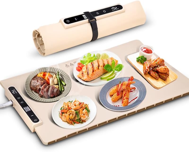 Food Warming Tray - Fast Heating Silicone Food Warming Mat with 4 Level Temperature, Raised Foot to Protect The Table, Rolled up Buffet Hot Plate, Portable Food Warmer for Gatherings Home Travel