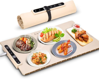 Food Warming Tray - Fast Heating Silicone Food Warming Mat with 4 Level Temperature, Raised Foot to Protect The Table, Rolled up Buffet Hot Plate, Portable Food Warmer for Gatherings Home Travel
