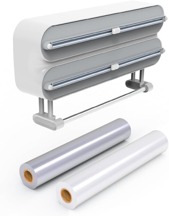 Magnetic Wrap Dispenser with Cutter - 3-in-1 Kitchen Organization and Storage for Plastic Wrap, Aluminum Foil & Paper Towel Holder | Strong Magnet Fridge & Wall Mount (Includes Wrap & Foil)