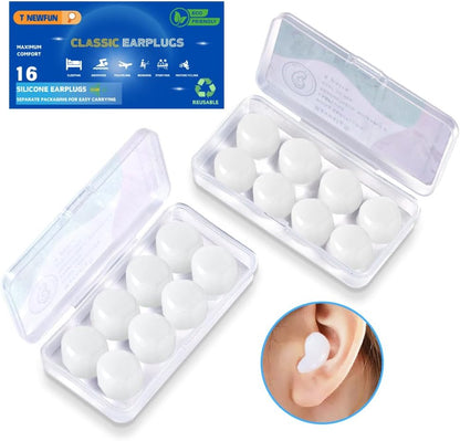 Silicone Ear Plugs for Sleeping Swimming,Reusable Moldable Noise Cancelling Earplugs for Shooting Range, Swimmers, Snoring, Airplanes, Travel, Work, Studying, (16-Pillows) (White, Medium)