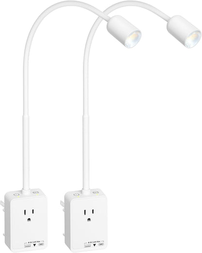 Plug in LED Book Reading Spot Light, White Dimmable Wall Sconce Lamp with Power Plug and Outlet Extender for Kitchen Bedroom Living Room, 3 Lighting Colors, USB Output Charging Ports
