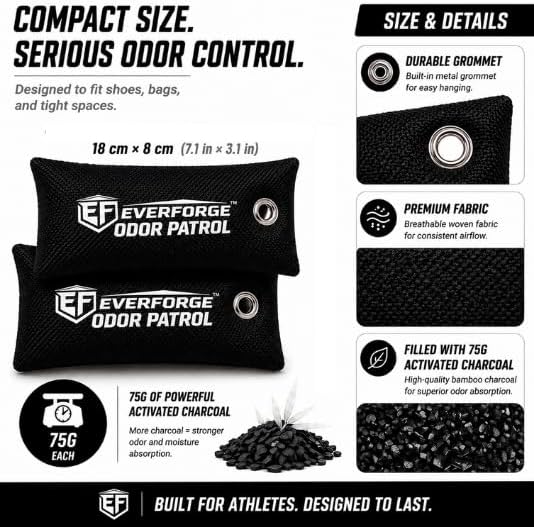 EverForge Odor Patrol Charcoal Deodorizer Bags, Natural Odor Absorber for Shoes & Sneakers, Gym Bags, Lockers, Sports Gear, & Cars, Activated Charcoal, 2-Pack, Unscented