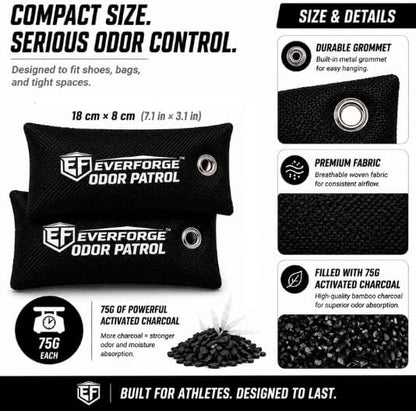 EverForge Odor Patrol Charcoal Deodorizer Bags, Natural Odor Absorber for Shoes & Sneakers, Gym Bags, Lockers, Sports Gear, & Cars, Activated Charcoal, 2-Pack, Unscented