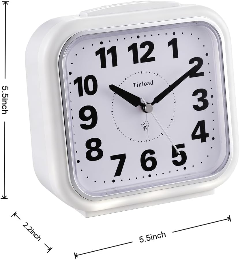 Tinload 5.5" Large No Ticking Analog Alarm Clock,Silent Readable for Seniors,Easy to Set,Gradual Rise Alarm,Big Numbers,Gentle Wake,Snooze, Lighted on Demand,Battery Operated,Black