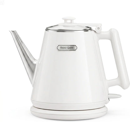 Hazel Quinn Electric Kettle, 1L/34oz Small Tea Kettle - Pearl White | 800W Fast Boil, 304 Stainless Steel Interior, Double-Wall Cool Touch, Gooseneck Spout, Auto Shut-Off, BPA-Free Cordless Home