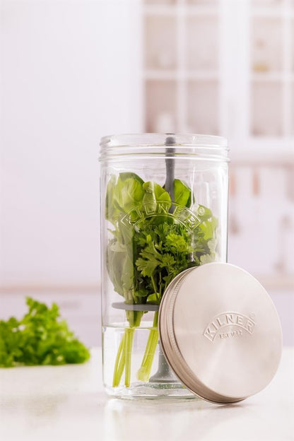 Kilner Herb Keeper Set | Keep Herbs Fresh for Up to 3 Weeks | 1L Wide Mouth Jar with Stainless Steel Lid & Silicone Lifter | Easy-to-Use for Home-Grown or Store-Bought Herbs | Recipe Booklet Included