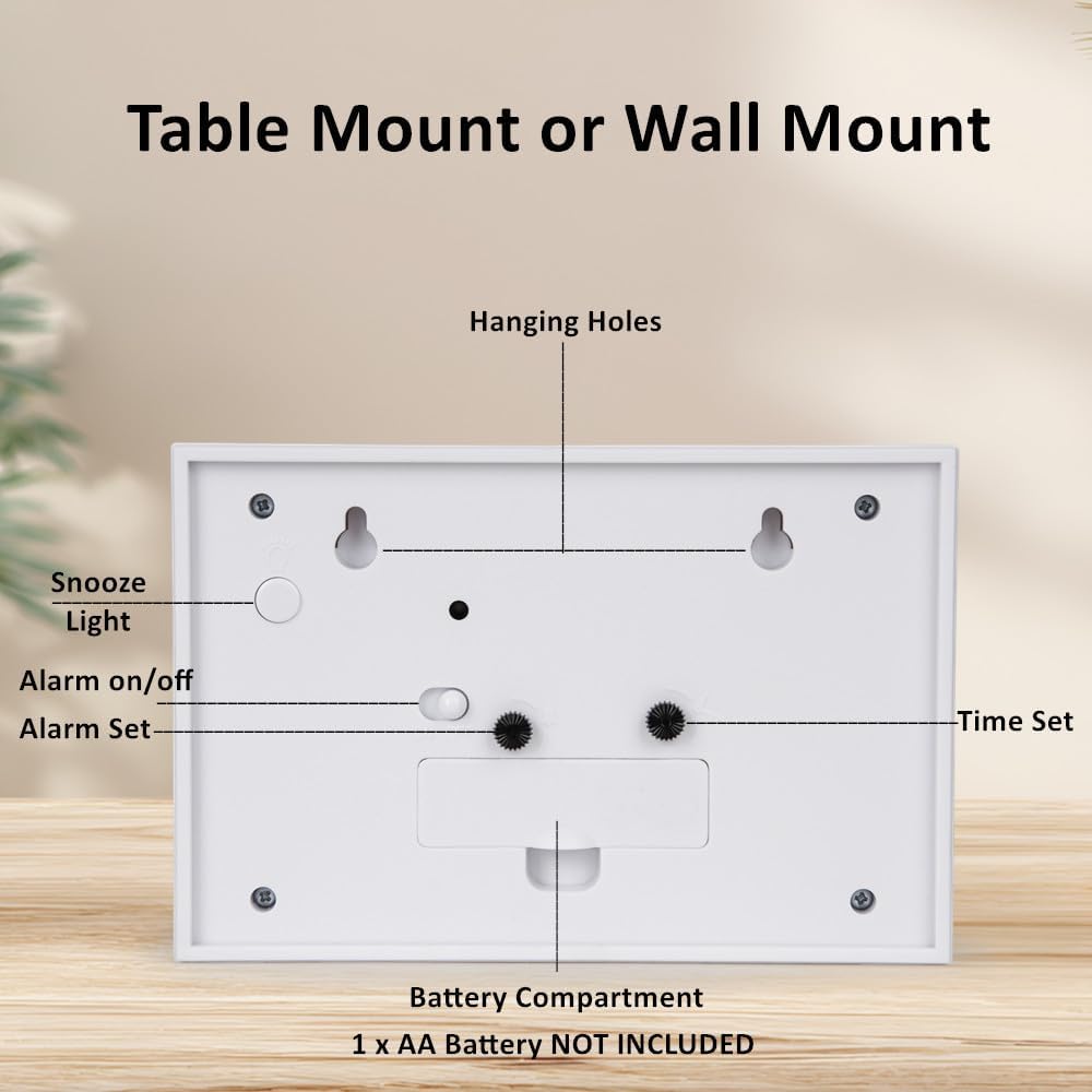 Silent No Ticking Analog Alarm Clock,Crescendo Alarm,Snooze with Light,Tablemount Wall Mount for Desk Bedside,White