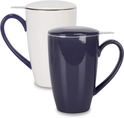 amhomel Porcelain Tea Mug with Infuser and Lid, 16 Ounce Ceramic Tea Cup for Loose Leaf, Coffee, Cocoa and Milk, Tea Gift for Tea Lovers, Set of 2(White)