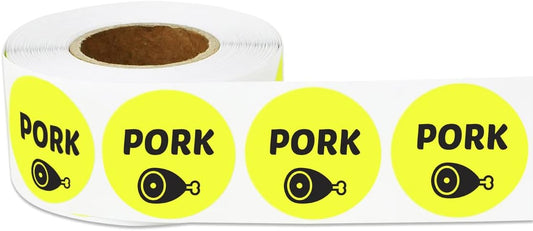 600 Pork Labels, 1" Round Pork Food Labels Meat Deli Pantry Catering Food Truck Grocery Store Menu Meal Choice Sticker Meat Package Stickers, Yellow - 2 Rolls of 300
