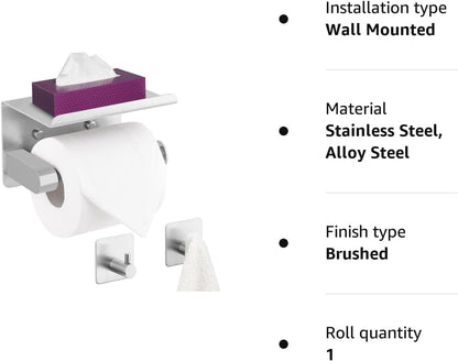 WDFAACK Chrome Toilet Paper Holder with Shelf for Extra Storage, 2-in-1 Wall Mounted Bathroom Tissue Stand for Cell Phone and Small Items
