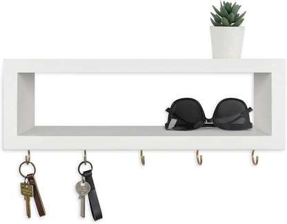 Lwenki Wall Shelf with Hooks - Decorative Key and Wallet Holder for Wall Holds Sunglasses, Leashes, Scarves and Lanyards - 15.7" x 5.1" x 2.9" Entryway Organizer Made of Paulownia Wood (White)