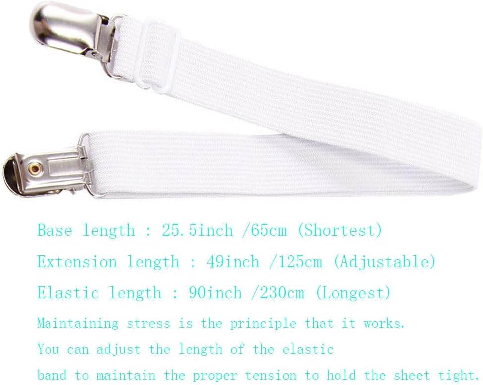 Sheet Straps for Queen Size Bed, Bed Sheet Clips Fasteners and Suspenders, Elastic 27 to 90 Inch Bed Sheet Holder Straps for King Twin Bed, Sofa Mattress Cover Tablecloth, 4Pcs (White)