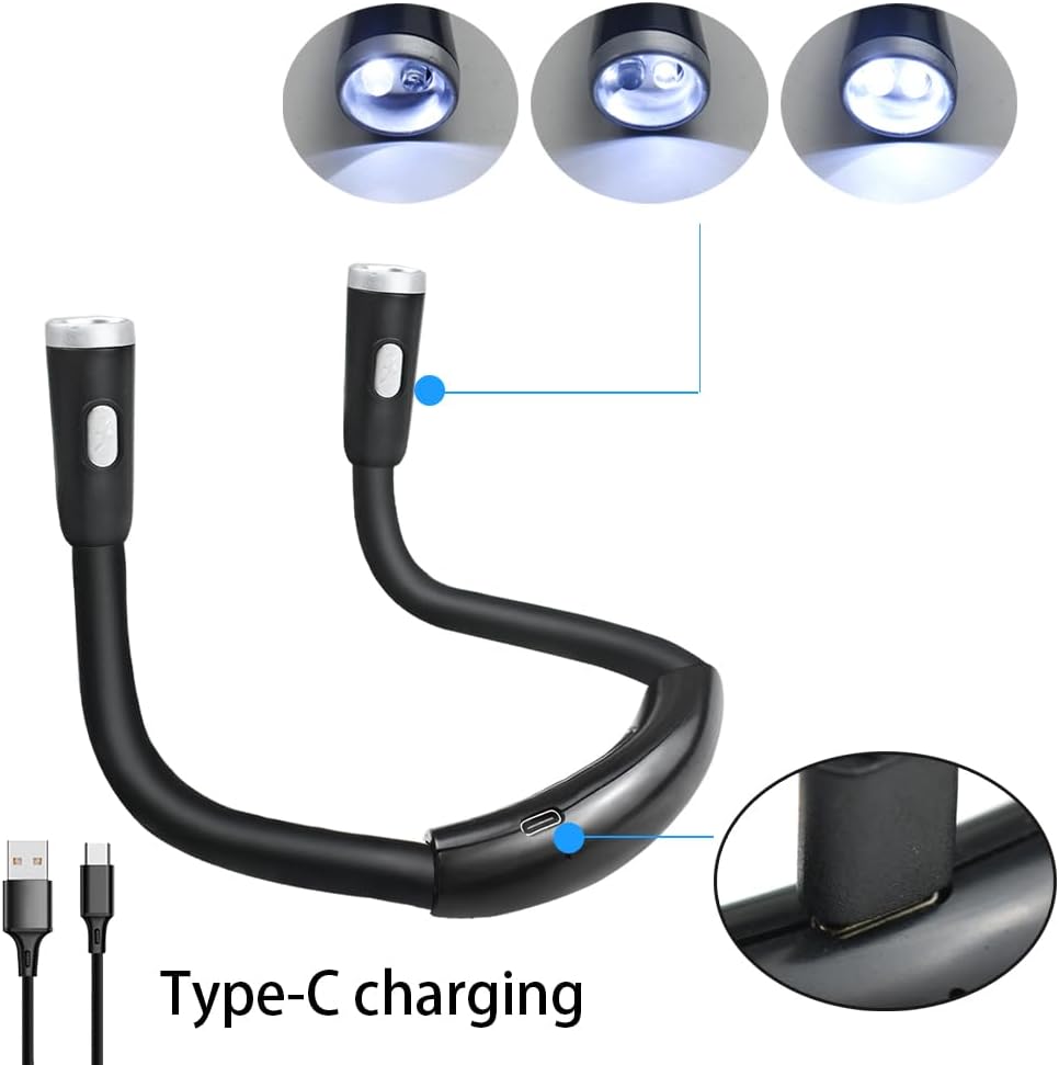 Neck Reading Light, Rechargeable Book Light for Reading in Bed, Hands Free, 360° Flexible Arms, Neck Light for Reading, Knitting, Camping, Repairing