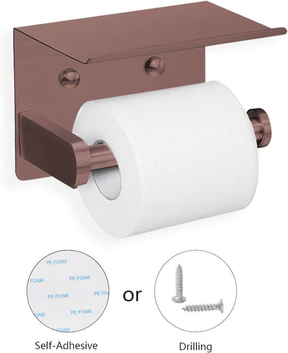 VAEHOLD Self Adhesive Toilet Paper Holder with Phone Shelf Stainless Steel Wall Mounted Toilet Paper Roll Holder - Rustproof and Bathroom Washroom Tissue Roll Holder with Shelf - Black