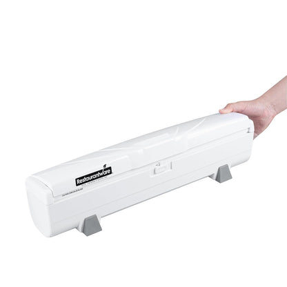 Restaurantware-Chef 101 Food Wrap Dispenser with Cutter, 1 Refillable Cling Wrap Dispenser - Fits 12” to 18” x 1000’ Rolls, Press Down and Cut, White Plastic Aluminum Foil, Sharp Blade