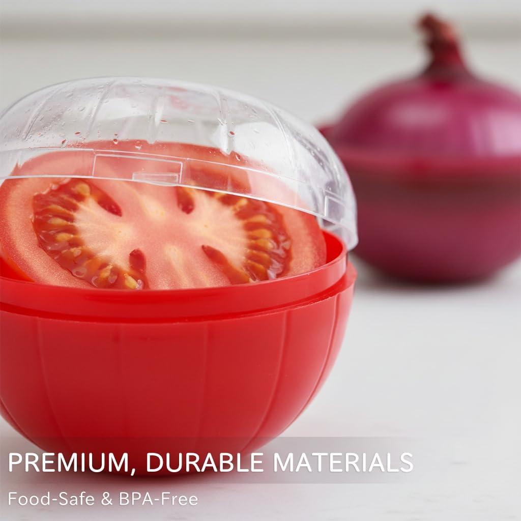 Onion and Tomato Keepers (2-Pack) - Reusable Fruit & Vegetable Storage Containers with Lids, Stackable Fridge Organizers for Kitchen Pantry, Camping Travel Food Saver