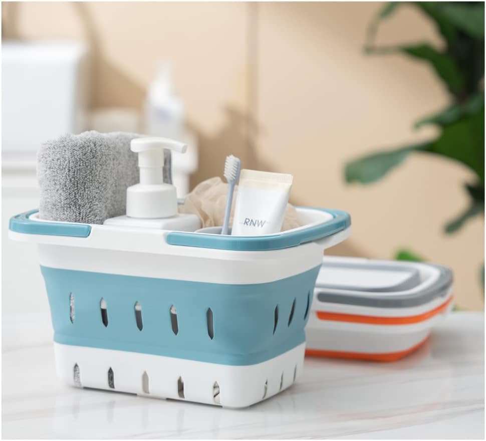 Plastic Caddy for Cleaning Supplies Products, Storage Collapsible Basket with Handles, Box Organizer Bin for Bathroom, Kitchen, College Dorm,Gym (Blue 1 pack)