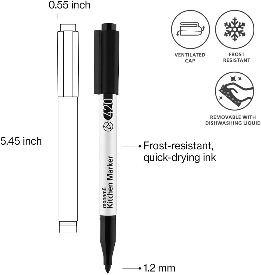 MONAMI Kitchen Marker 420, Fine Tip (1.2mm), Permanent Marker for Plastic Freezer Bags, Food Storage Containers, Ziploc, Erasable with Dish Detergent, Black, 1pc
