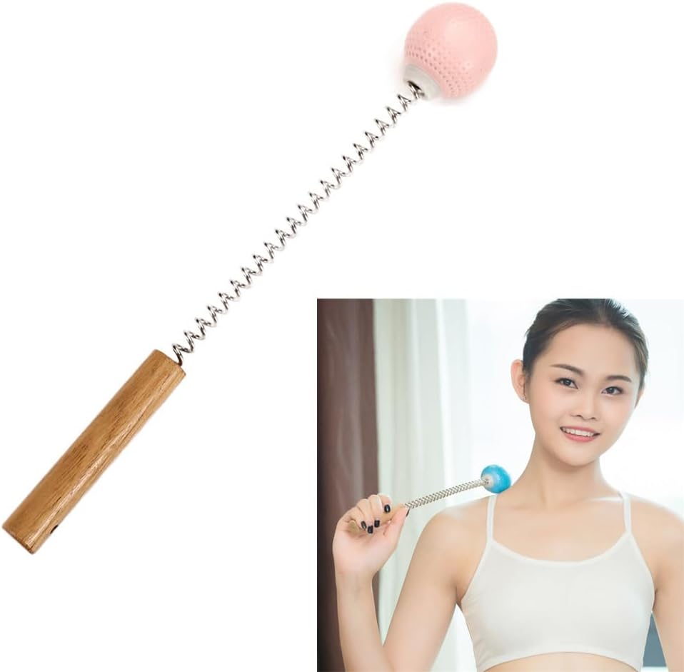 1 Pack Golf Ball Massager Hammer with Spring Wooden Handle Handheld Massage for Pain Relief Neck Back Massager Ball Manual Massage (Gray)