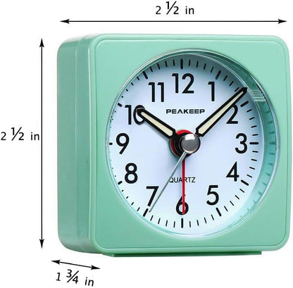 Peakeep Ultra Small, Battery Travel Alarm Clock with Snooze and Light | Silent No Ticking Analog Quartz Clock (Aquamarine)