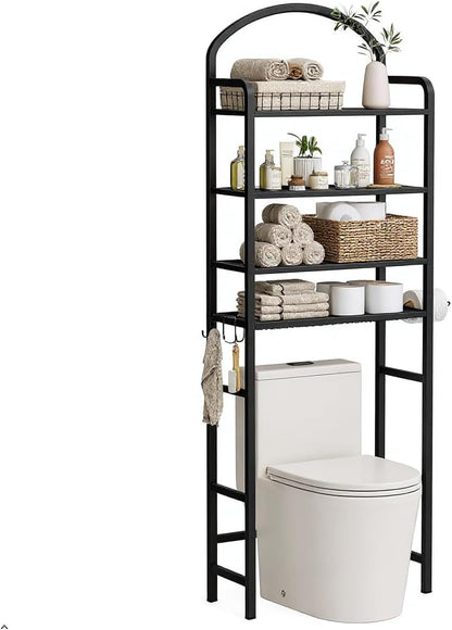 3 Tier Over The Toilet Storage Rack, Bathroom Organizer | Toilet Storage with 4 Hooks & Paper Holder, Space-Saving, Freestanding Bathroom Shelf, Metal, White