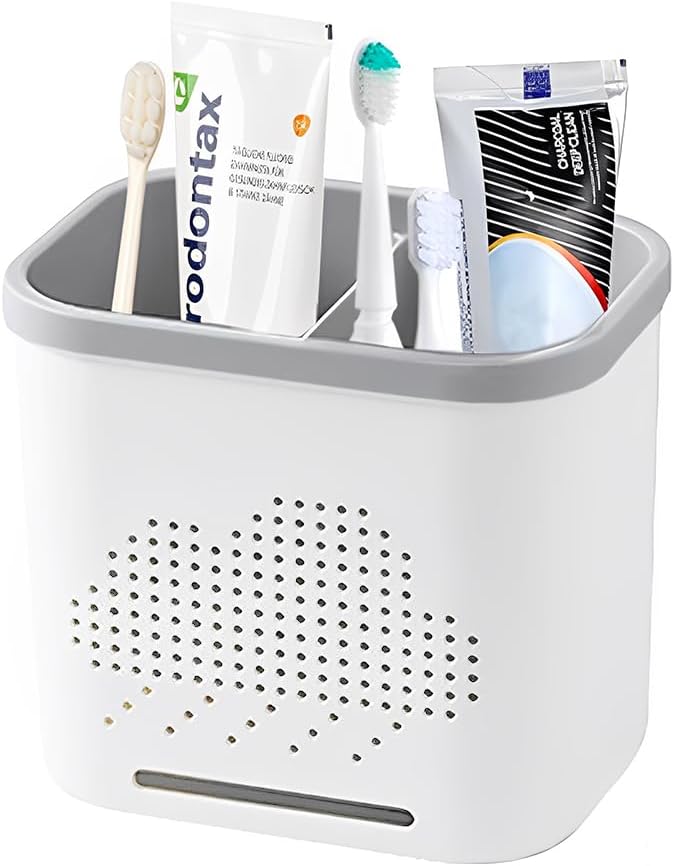 2 Slots Toothbrush Holder and Toothpaste Holder with Drain Hole, Detachable Easy Cleaning Multi-Functional Organizer Caddy Storage for Bathroom Vanity Sink Kitchen (White+Green 2 compartments)