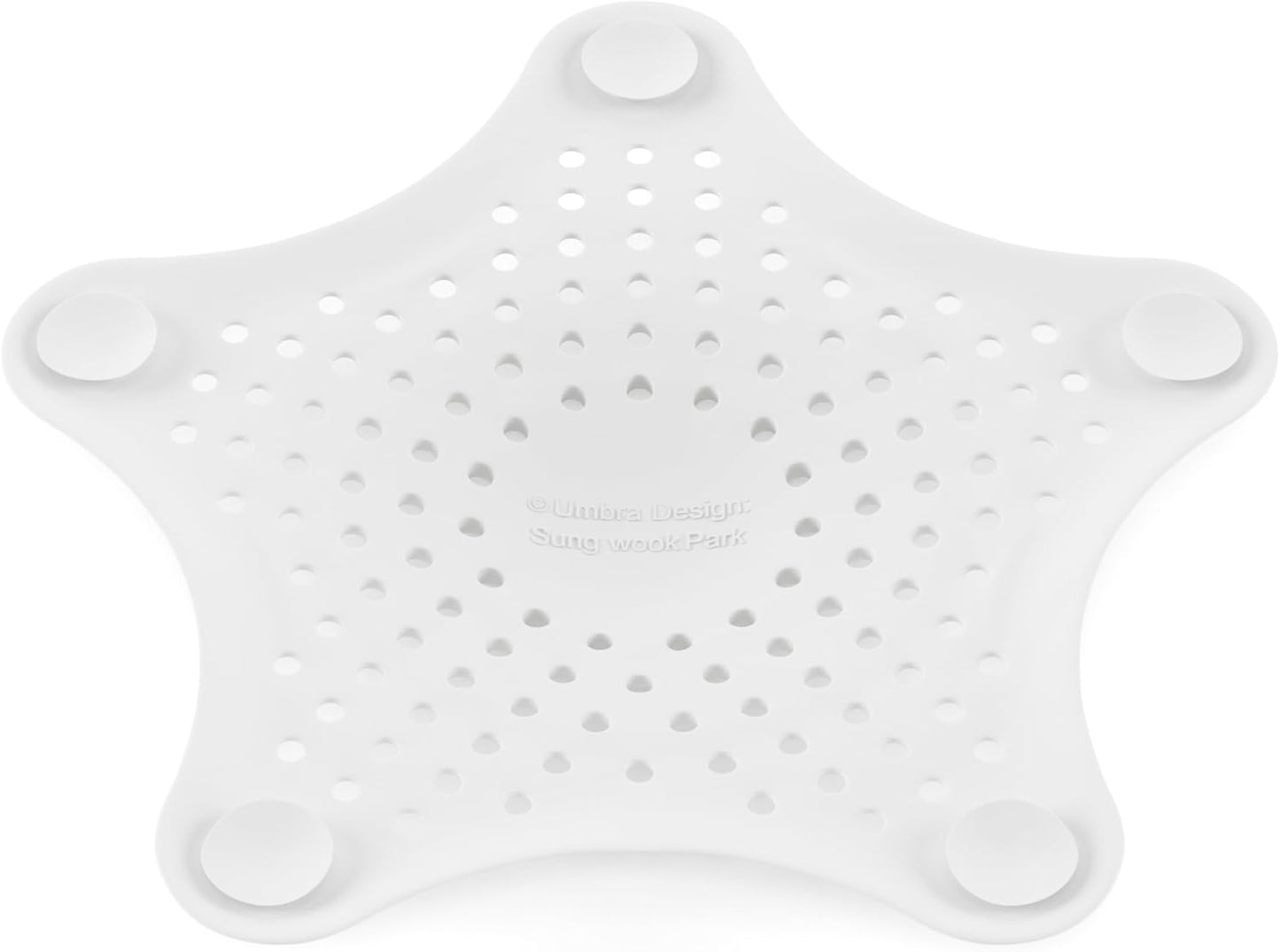 Umbra Starfish Hair Catcher, Suction Cup Drain Cover, 6-Inch, White | Silicone material, flexible and durable, water resistant seal, easy to clean, rust proof, fits standard tubs
