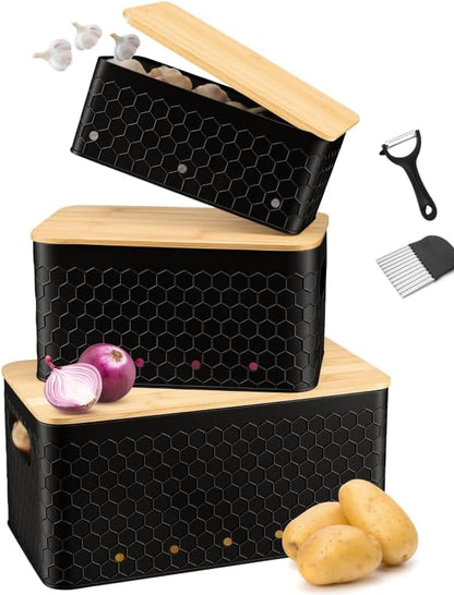 Kitchen Vegetable Storage Set of 3, Metal Onion Garlic Potato Storage Set, Kitchen Canisters Vegetable Keeper Containers with Aerating Holes and Bamboo Lid,Black