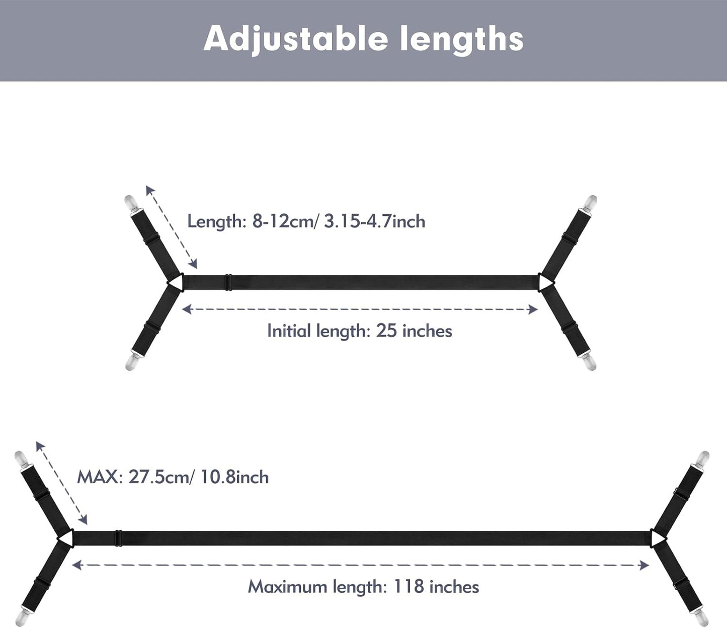 4 Pcs Bed Sheet Straps, Adjustable Fitted Sheet Clips Keeping Sheets Place Heavy Duty,Sheet Straps,Mattress Sheet Holders Keep Sheets Firm & Tight (Black)